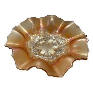 Vintage Glass Bowl fluted Ruffle grapes leaves 1940's 50's Gold tone Iridescent